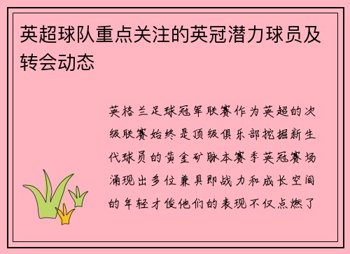 英超球队重点关注的英冠潜力球员及转会动态