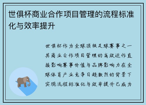 世俱杯商业合作项目管理的流程标准化与效率提升